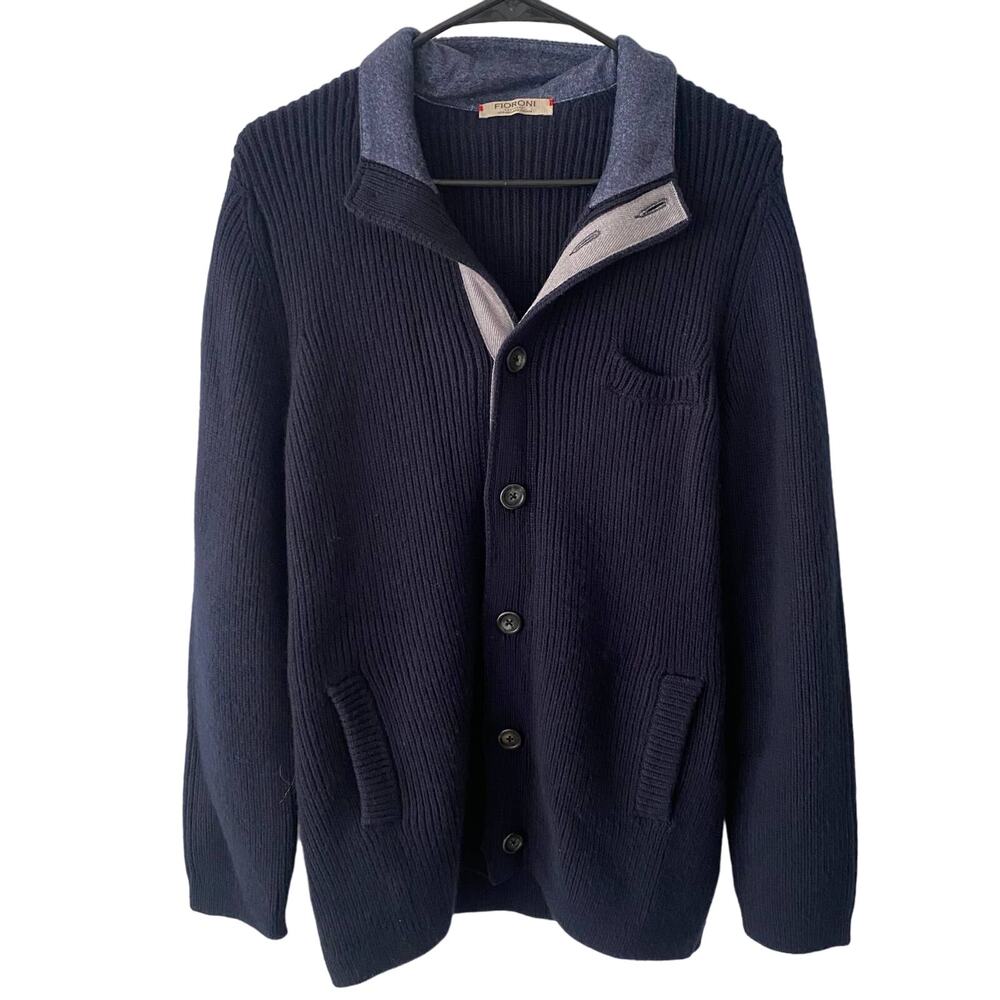 Fioroni Men's Sweater Wool Cashmere Blend Button Down Navy Blue 52 EU - 42 US